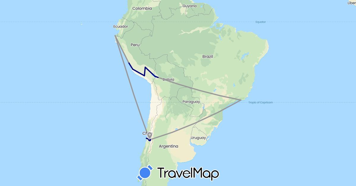 TravelMap itinerary: driving, plane in Bolivia, Brazil, Chile, Peru (South America)